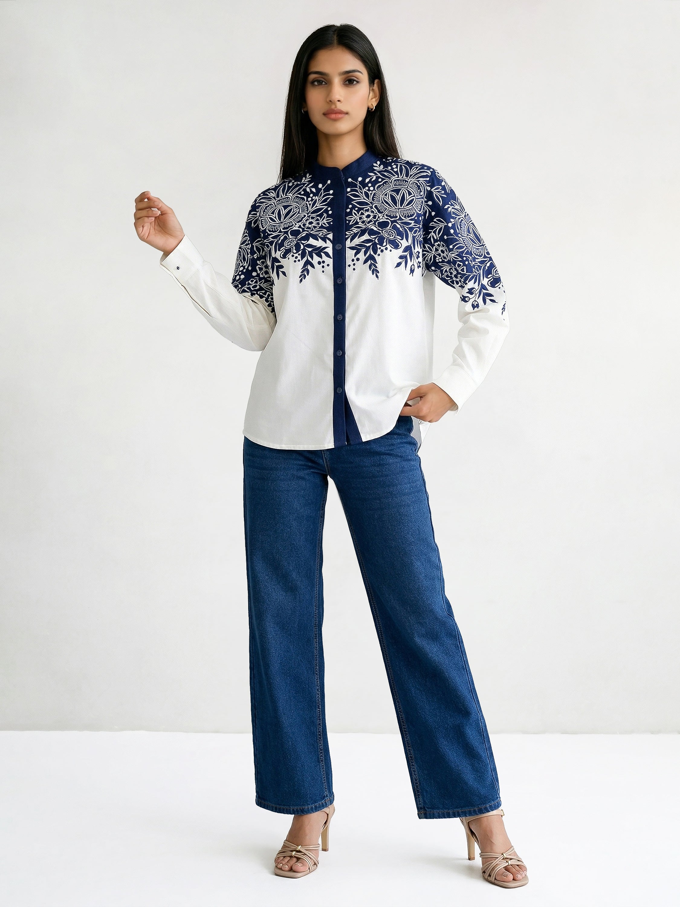 Thick Dark Blue Denim And  Cotton Embroidered Shirt