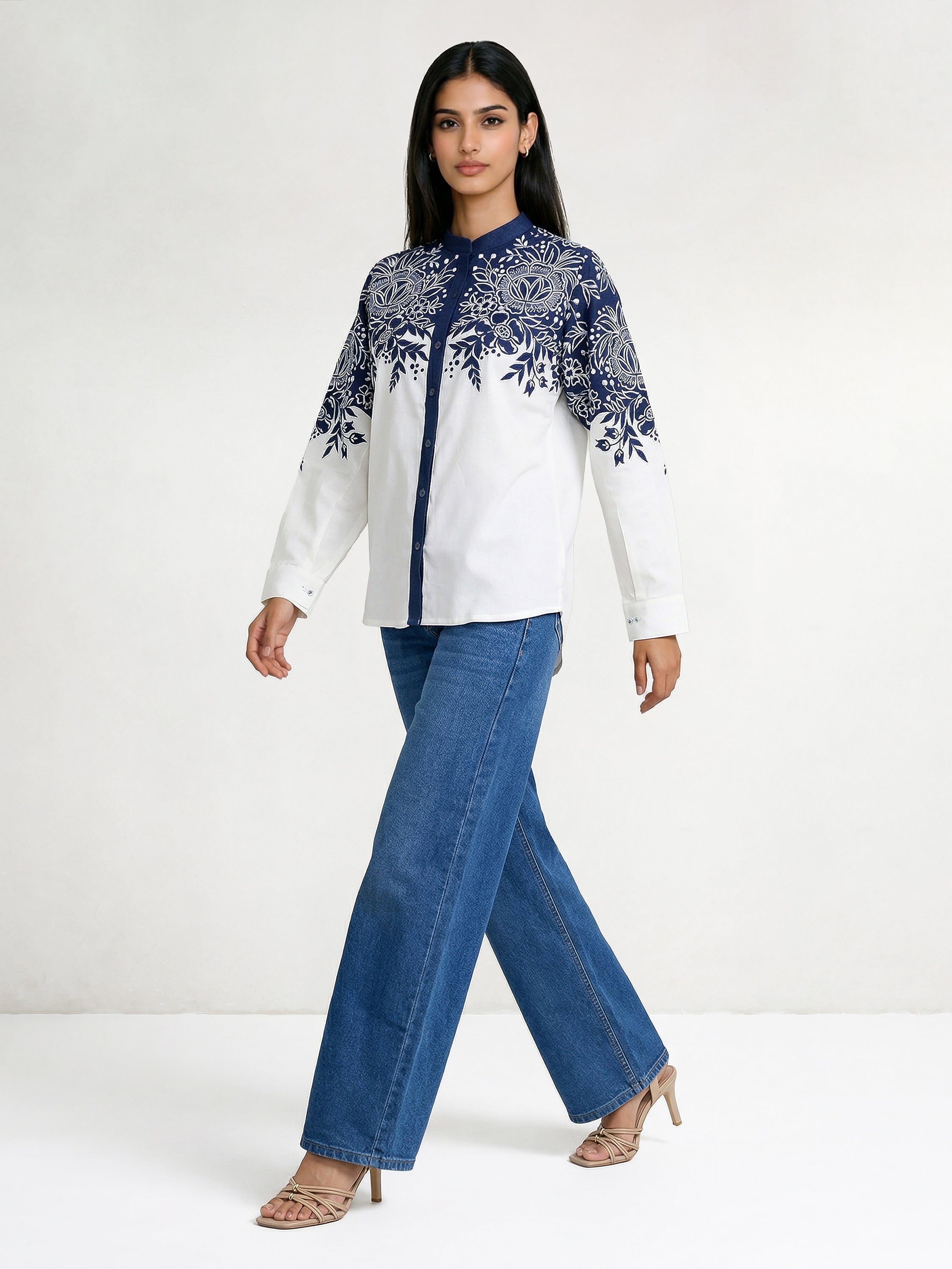 Thick Dark Blue Denim And  Cotton Embroidered Shirt