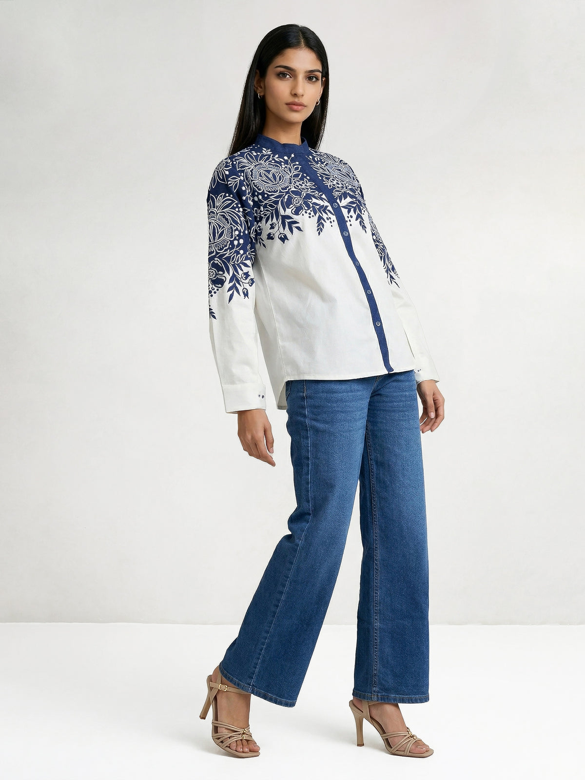 Thick Dark Blue Denim And  Cotton Embroidered Shirt