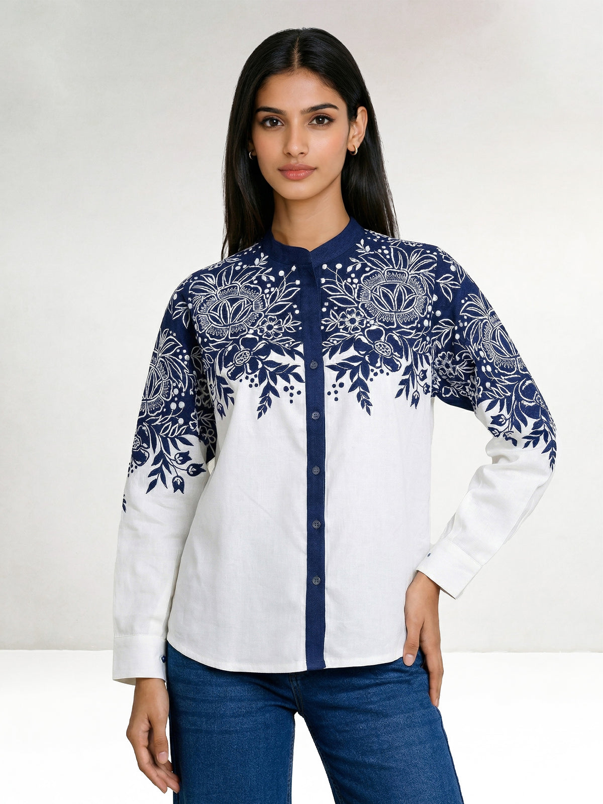 Thick Dark Blue Denim And  Cotton Embroidered Shirt
