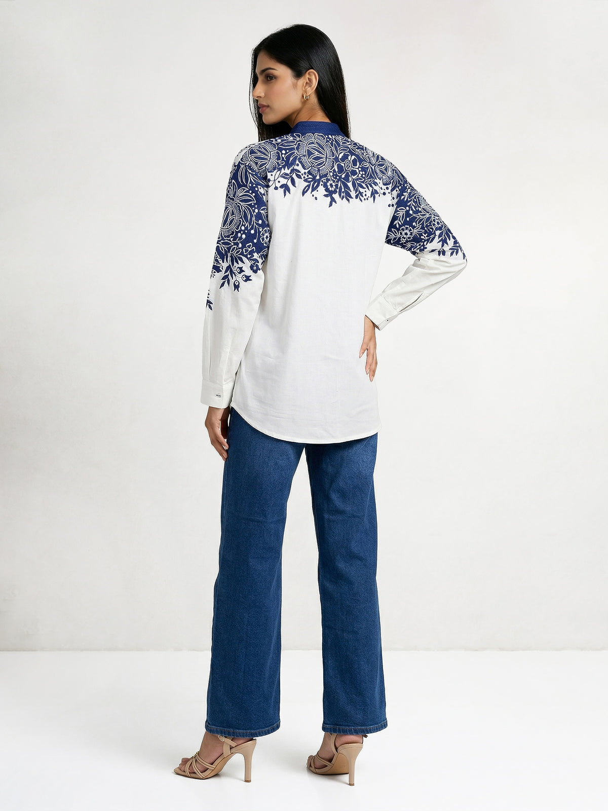 Thick Dark Blue Denim And  Cotton Embroidered Shirt