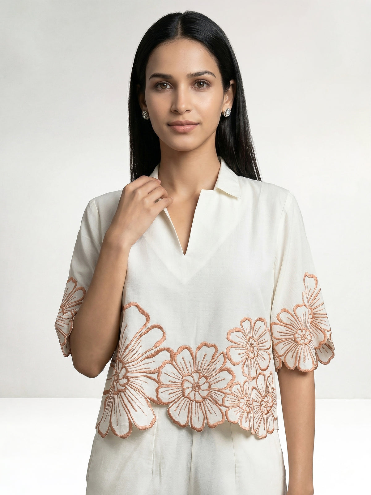 Daisy Collar Orange Embroidery Co-Ord Set