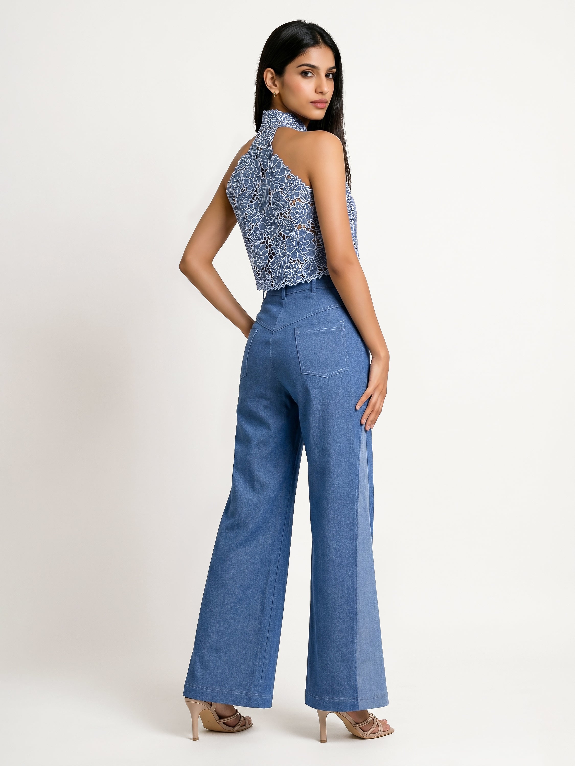 Halter Cutwork Denim Crop Jacket And Pant