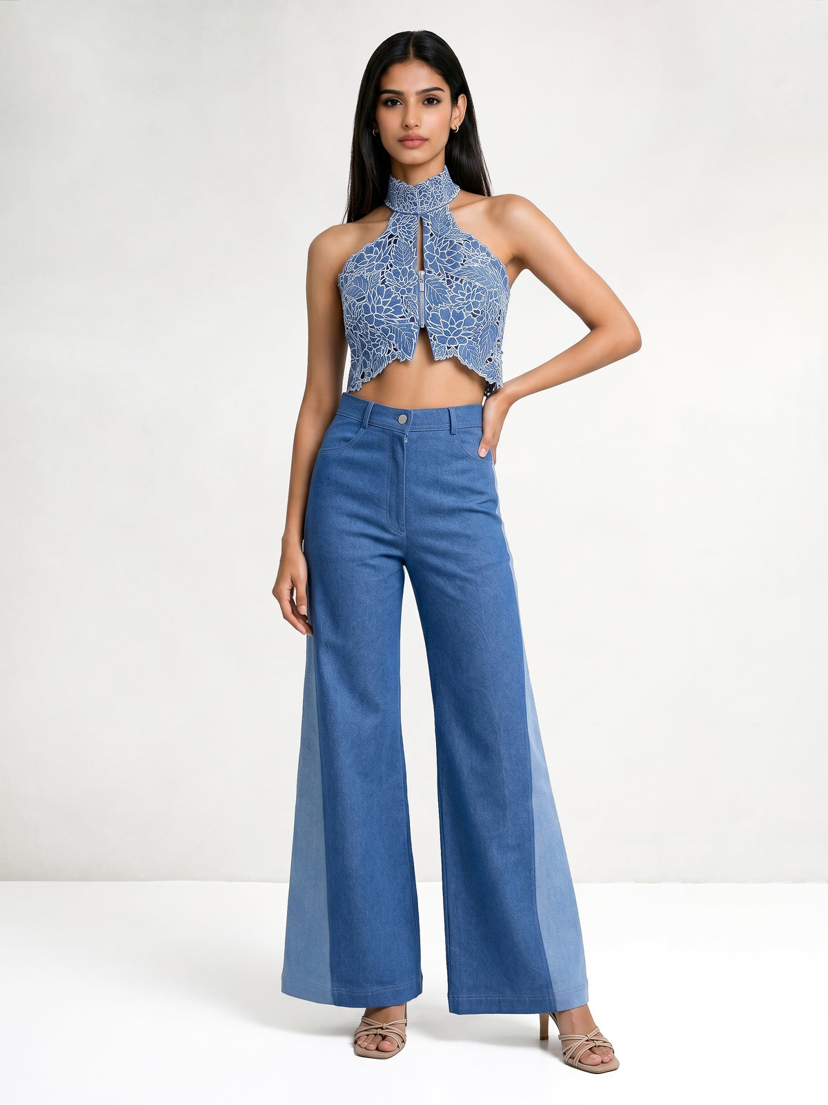 Halter Cutwork Denim Crop Jacket And Pant