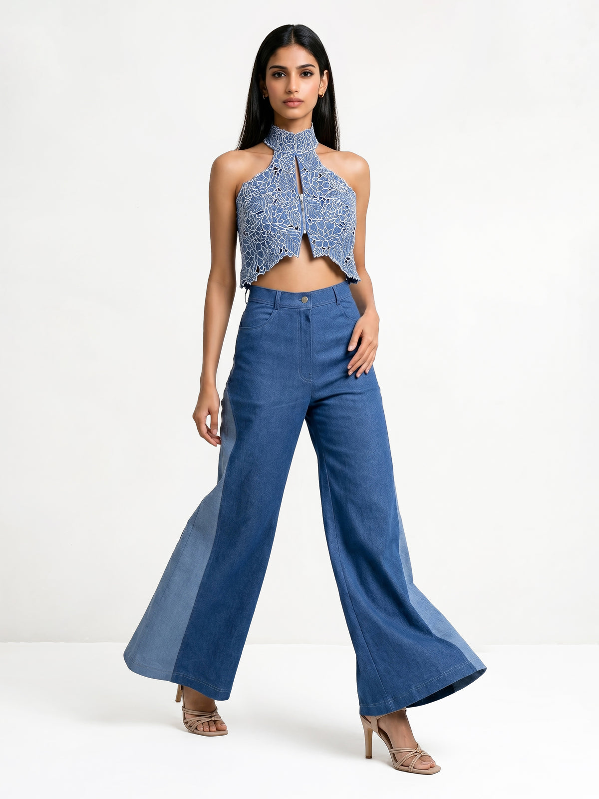 Halter Cutwork Denim Crop Jacket And Pant