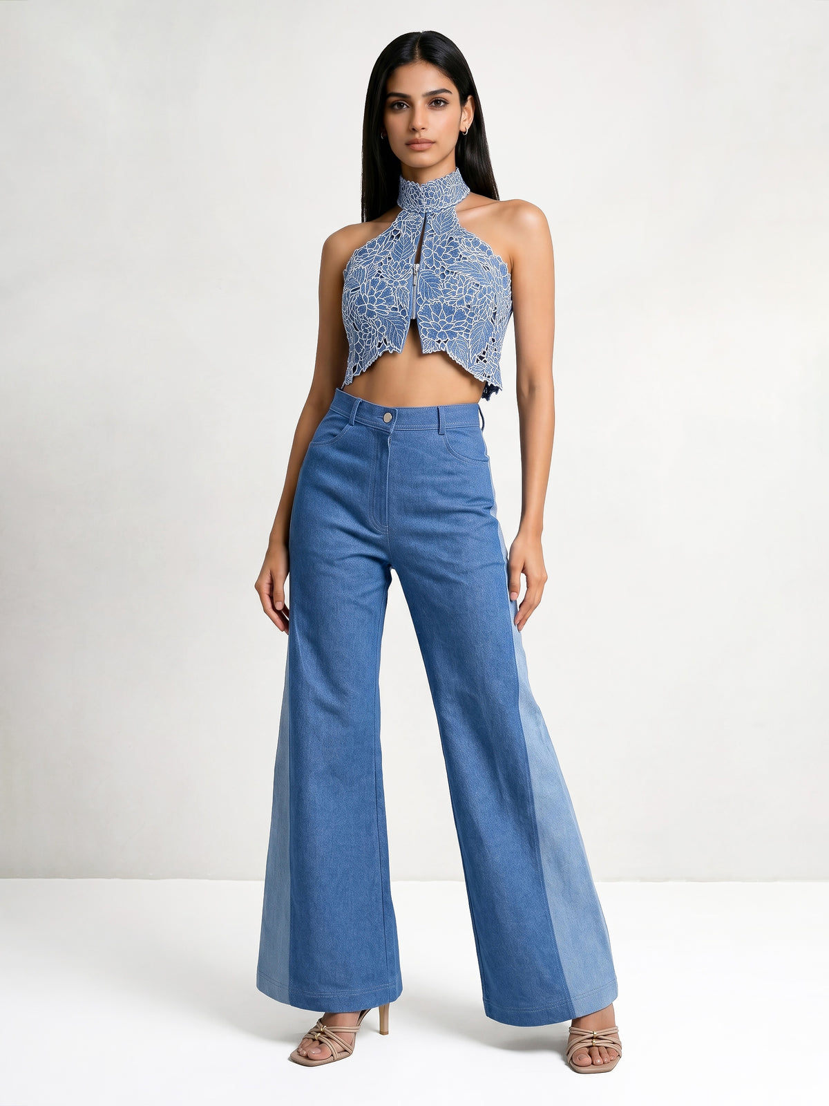 Halter Cutwork Denim Crop Jacket And Pant