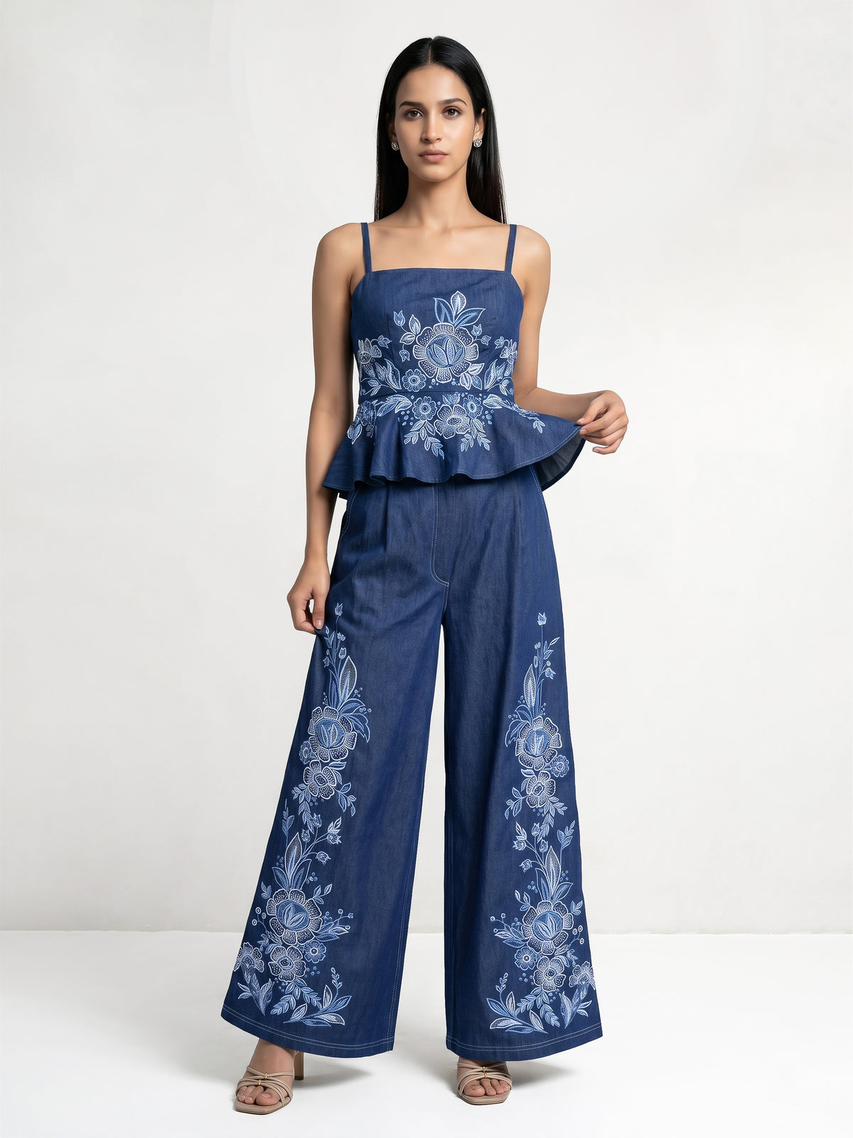 Floral Embroidered Peplum Top And  Pant