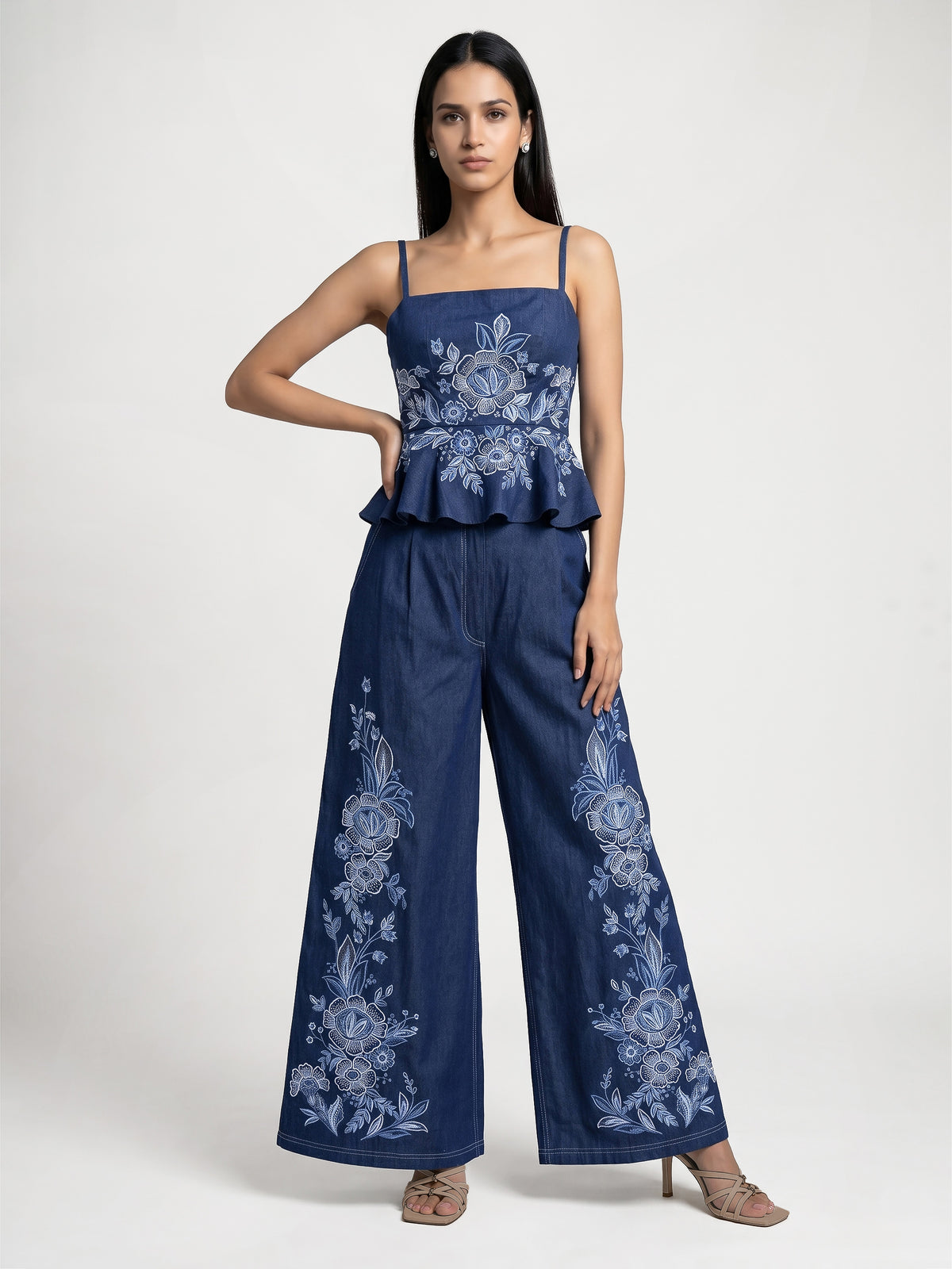 Floral Embroidered Peplum Top And  Pant