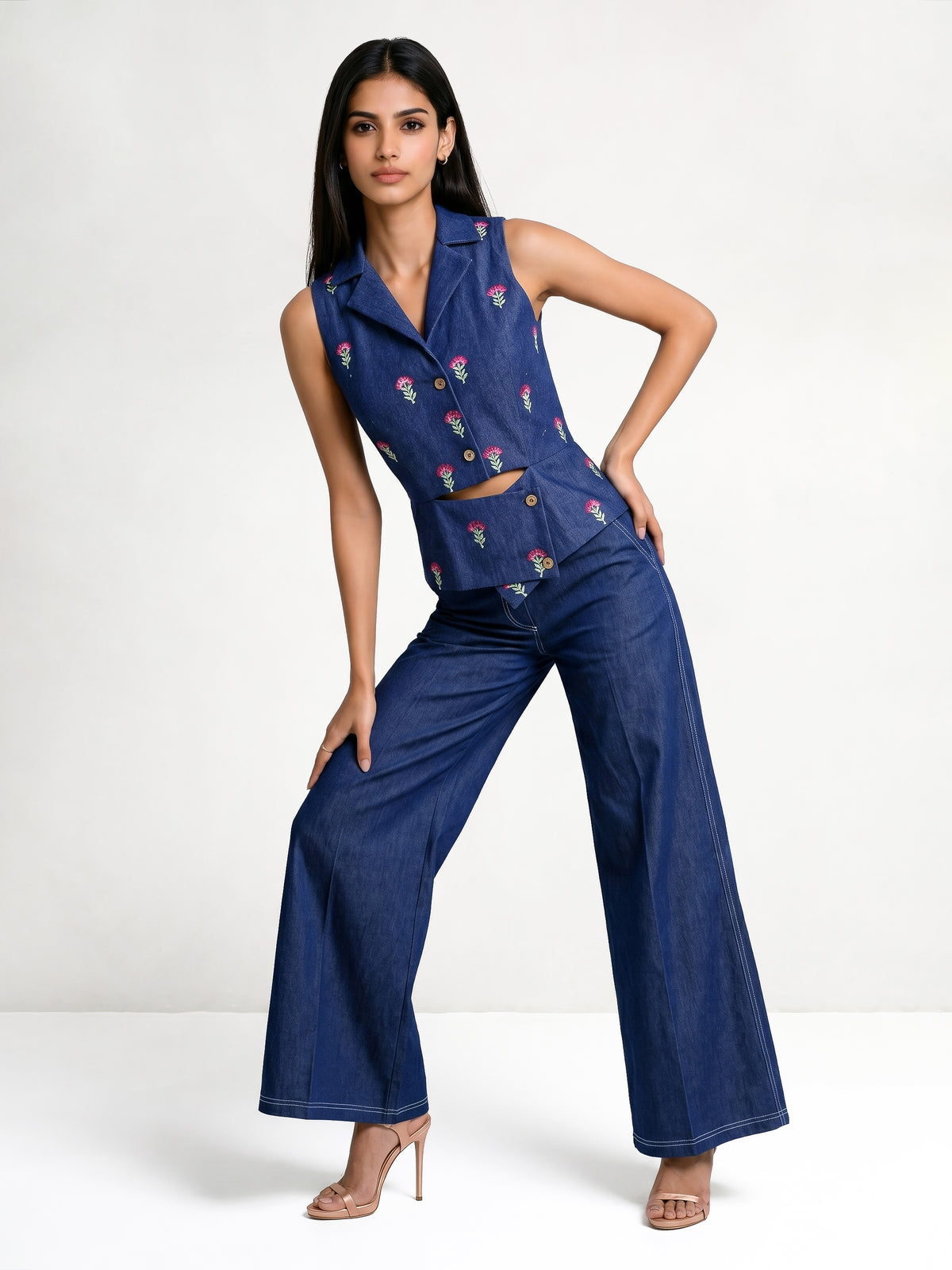 Denim Waist Coat With Embroidery