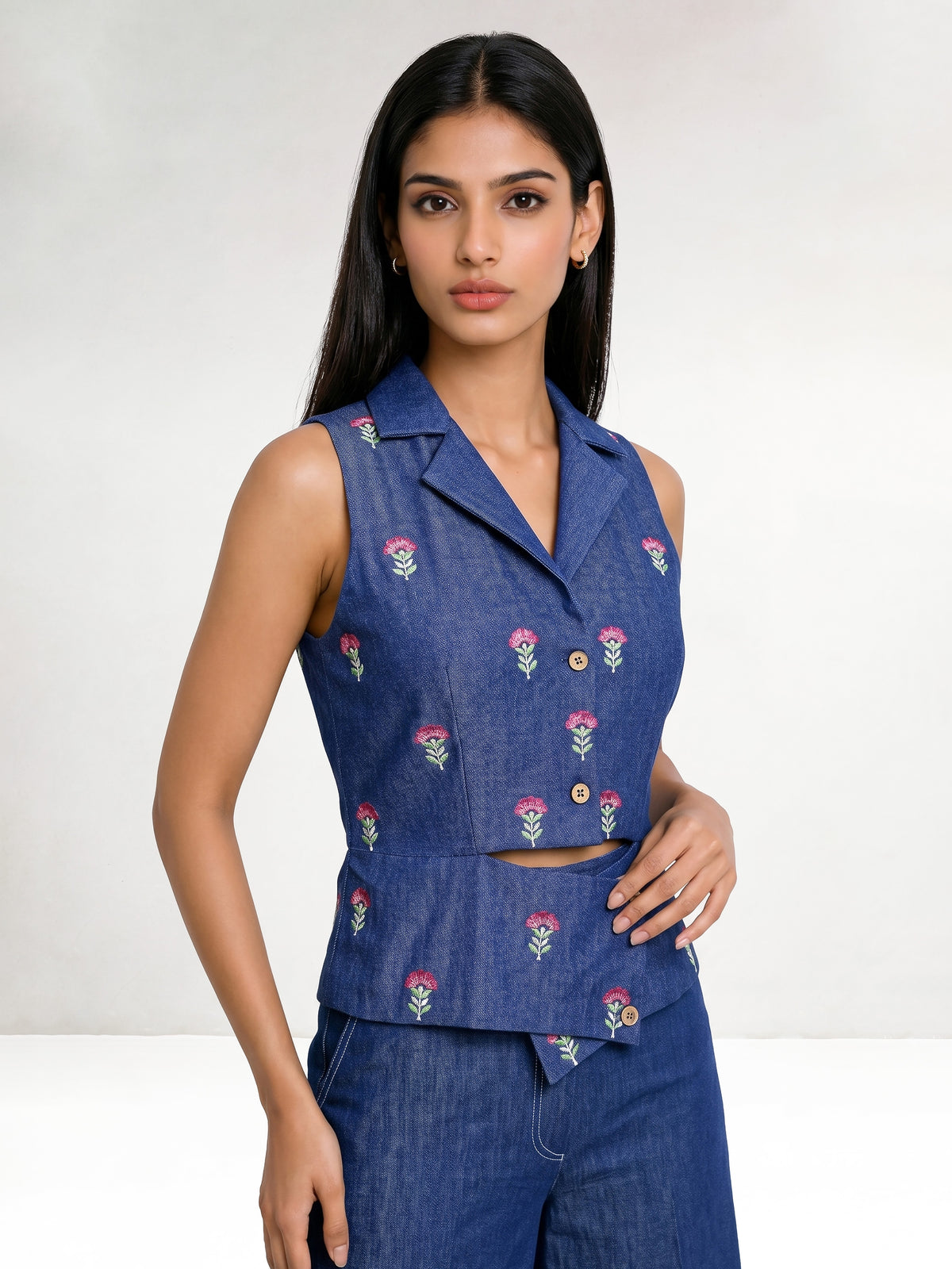 Denim Waist Coat With Embroidery