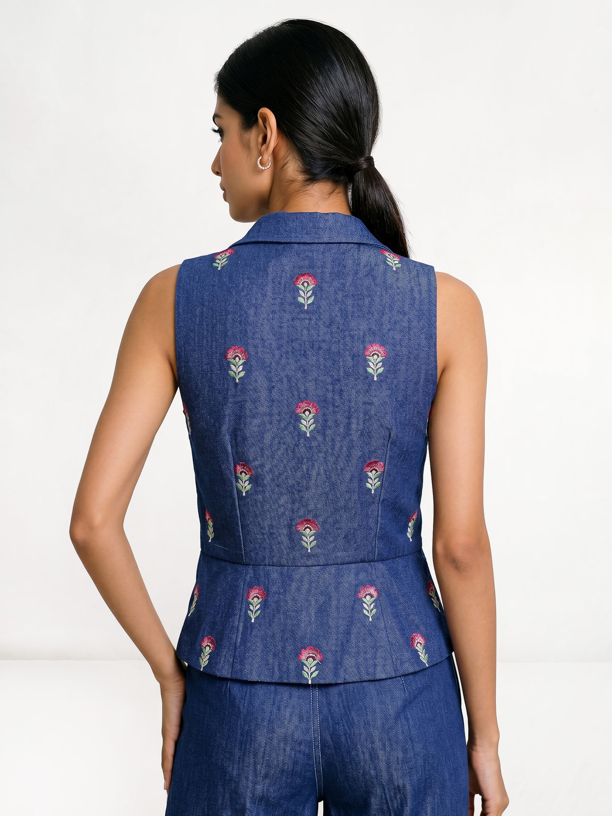 Denim Waist Coat With Embroidery