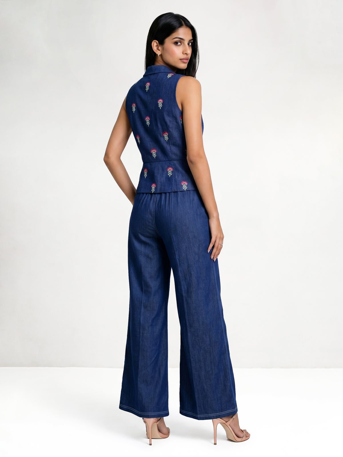 Denim Waist Coat With Embroidery