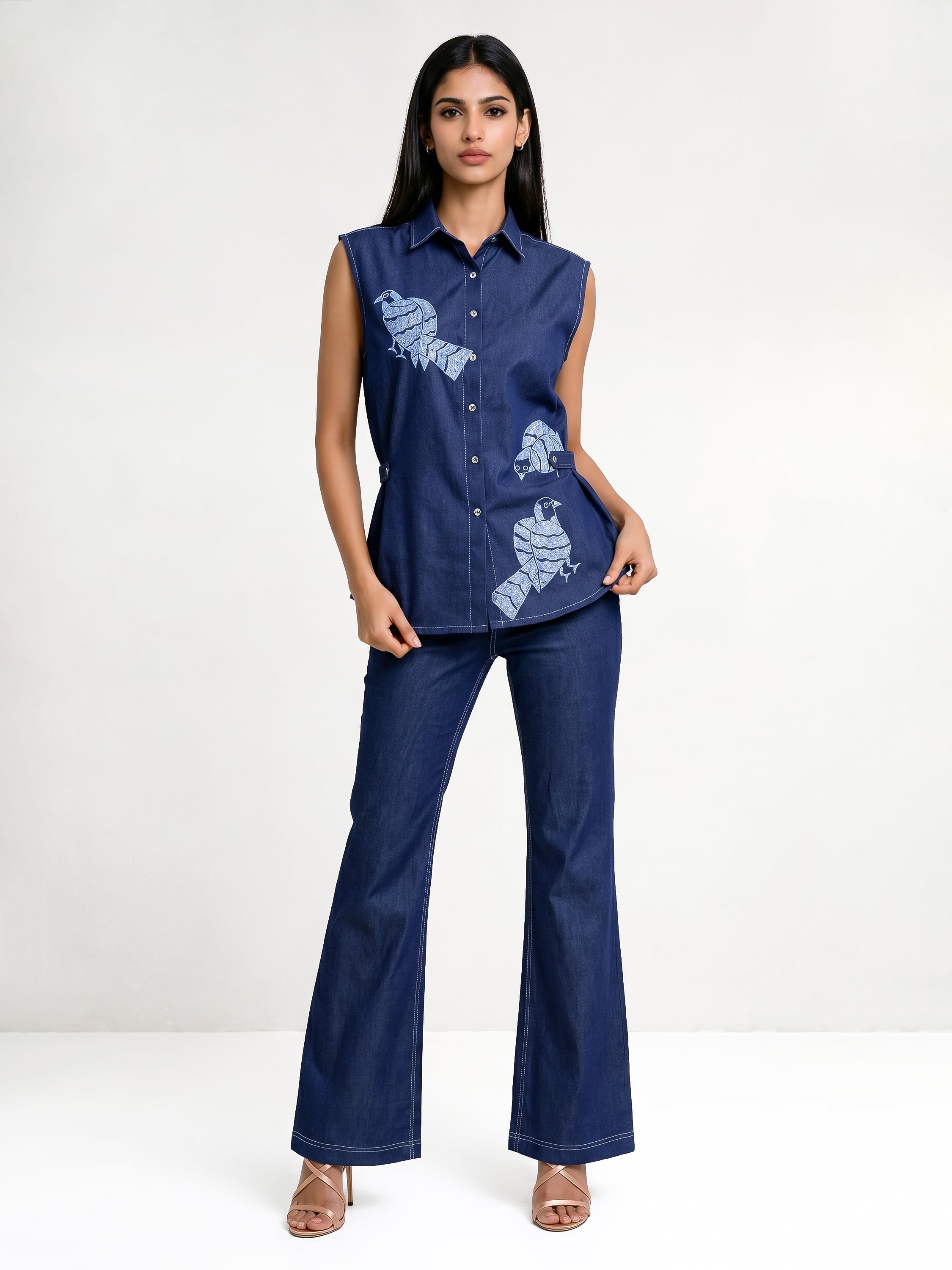 Flamingo Machine Embroidered Sleeveless Crop Shirt