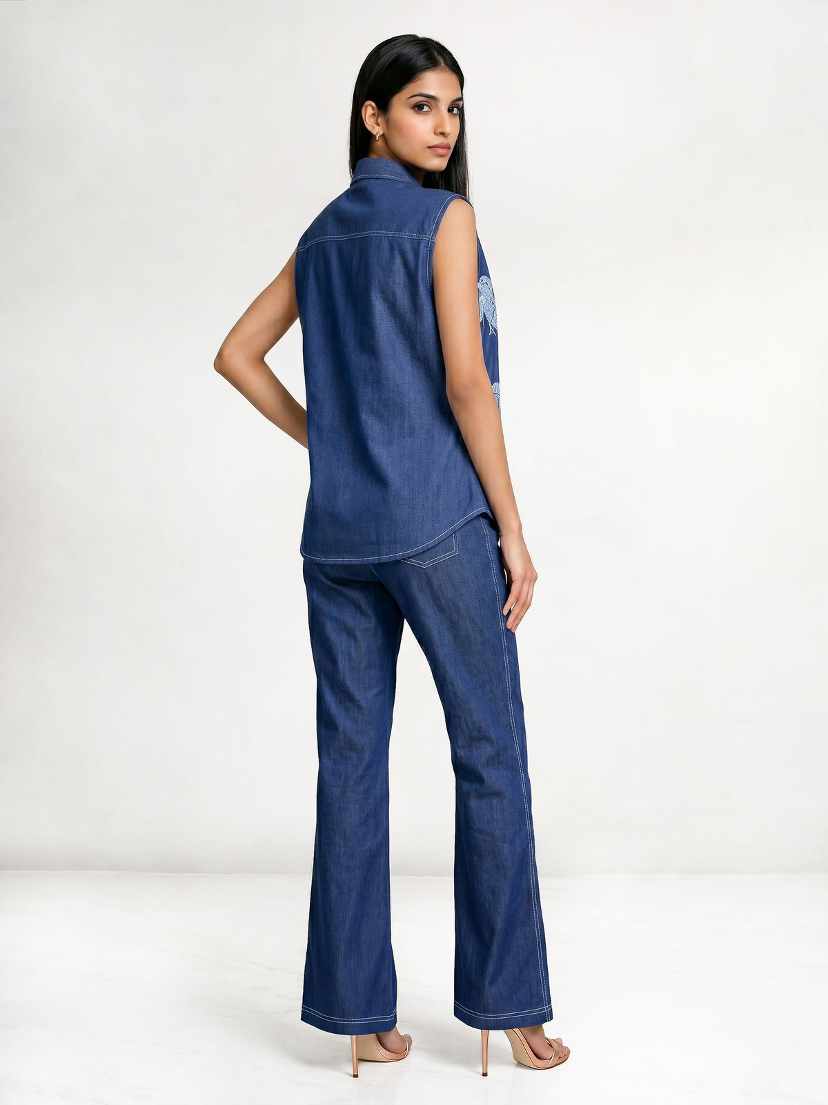 Flamingo Machine Embroidered Sleeveless Crop Shirt